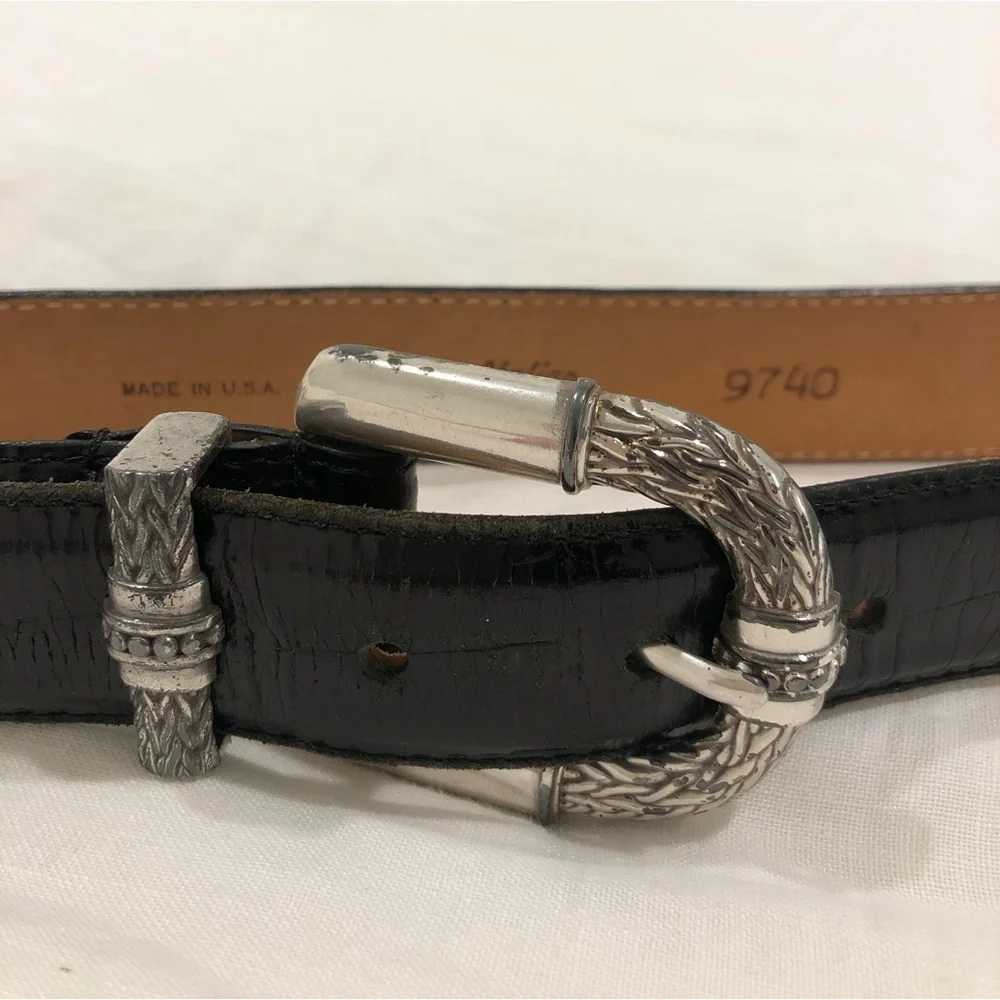 Vintage 1990s Black Leather Belt with Etched Silver